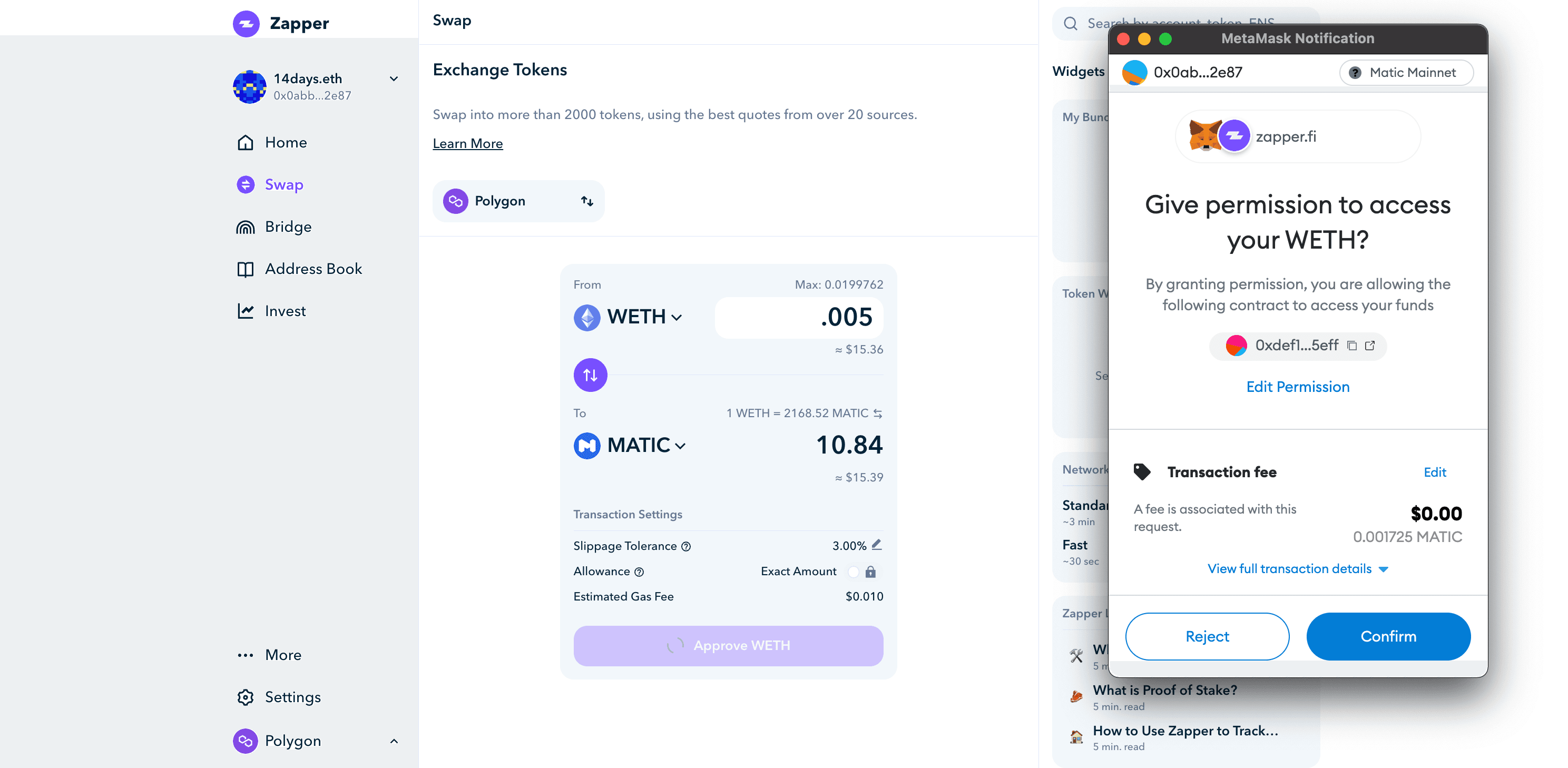 Approve WETH and confirm the transaction in MetaMask