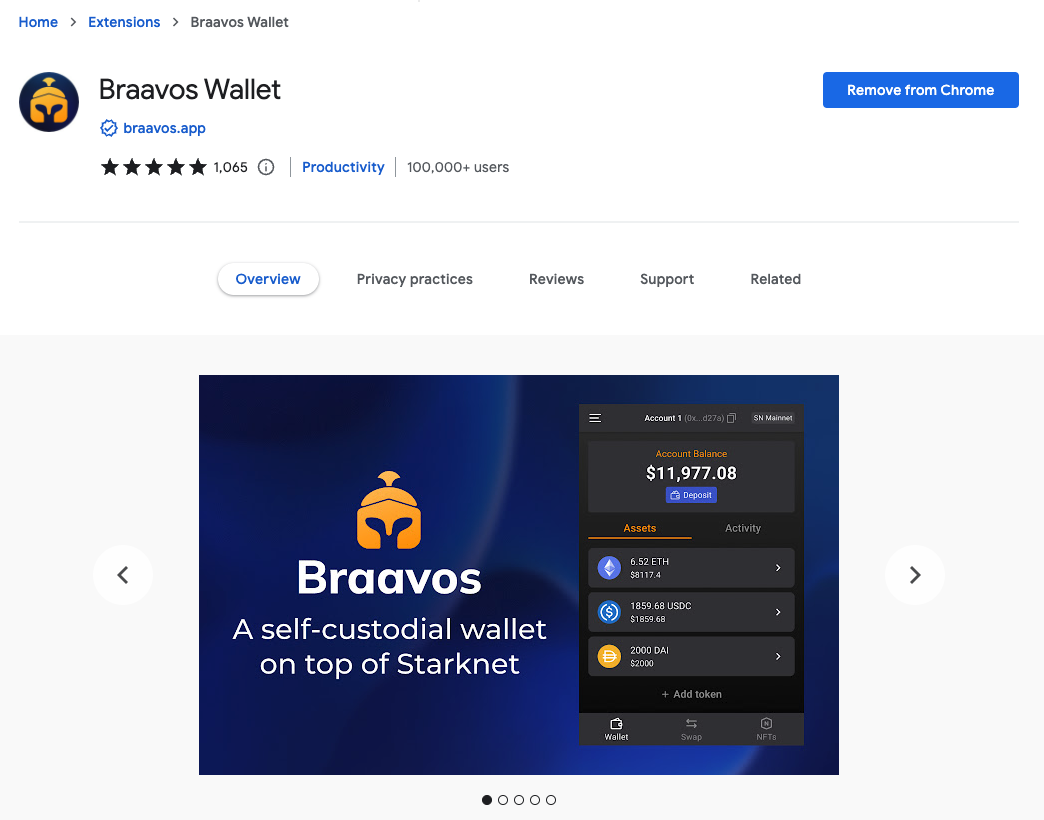 Braavos StarkNet Wallet extension in the Chrome Store