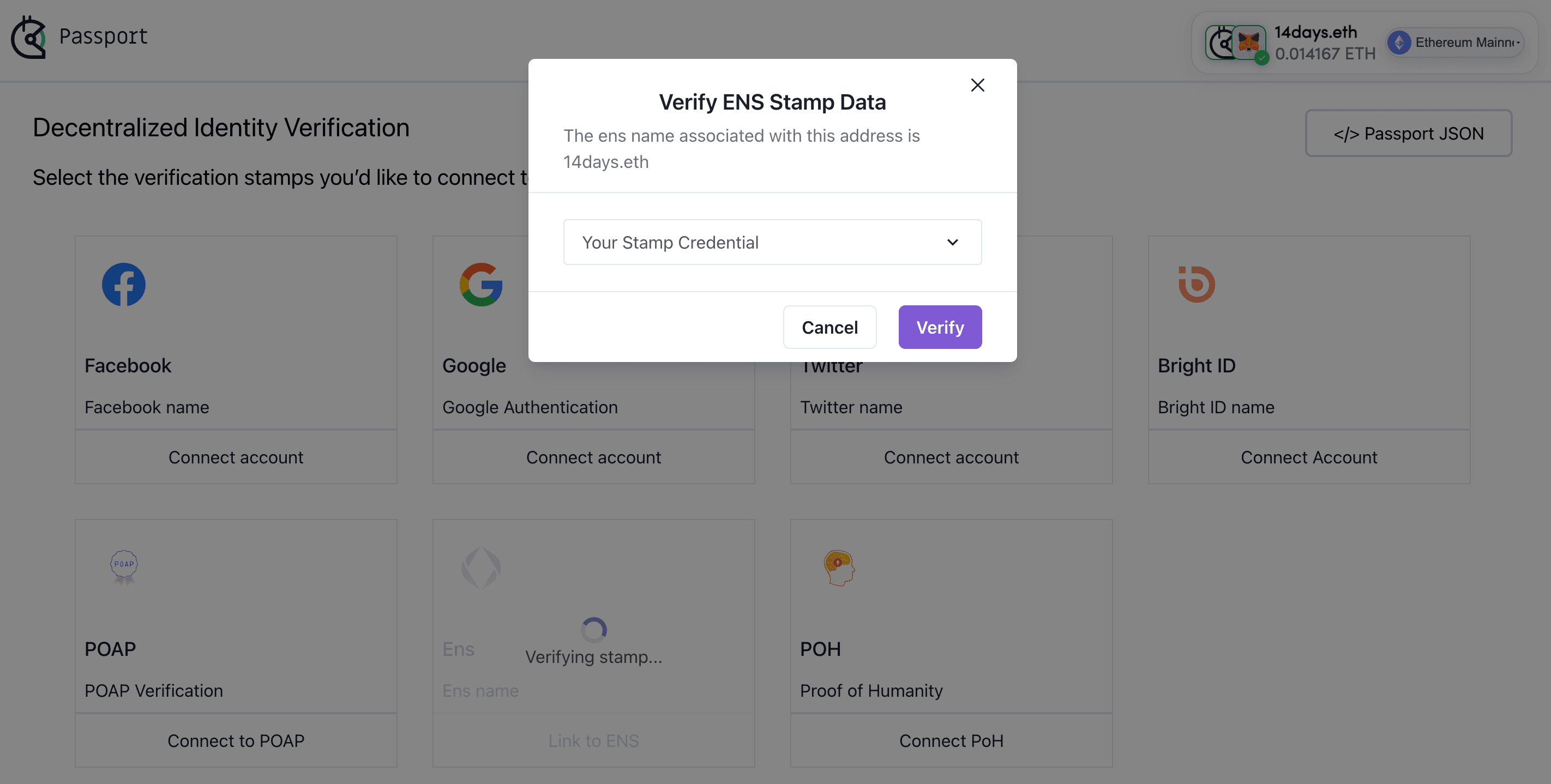 Verify your ENS name is correct and earn a "stamp" in your passport