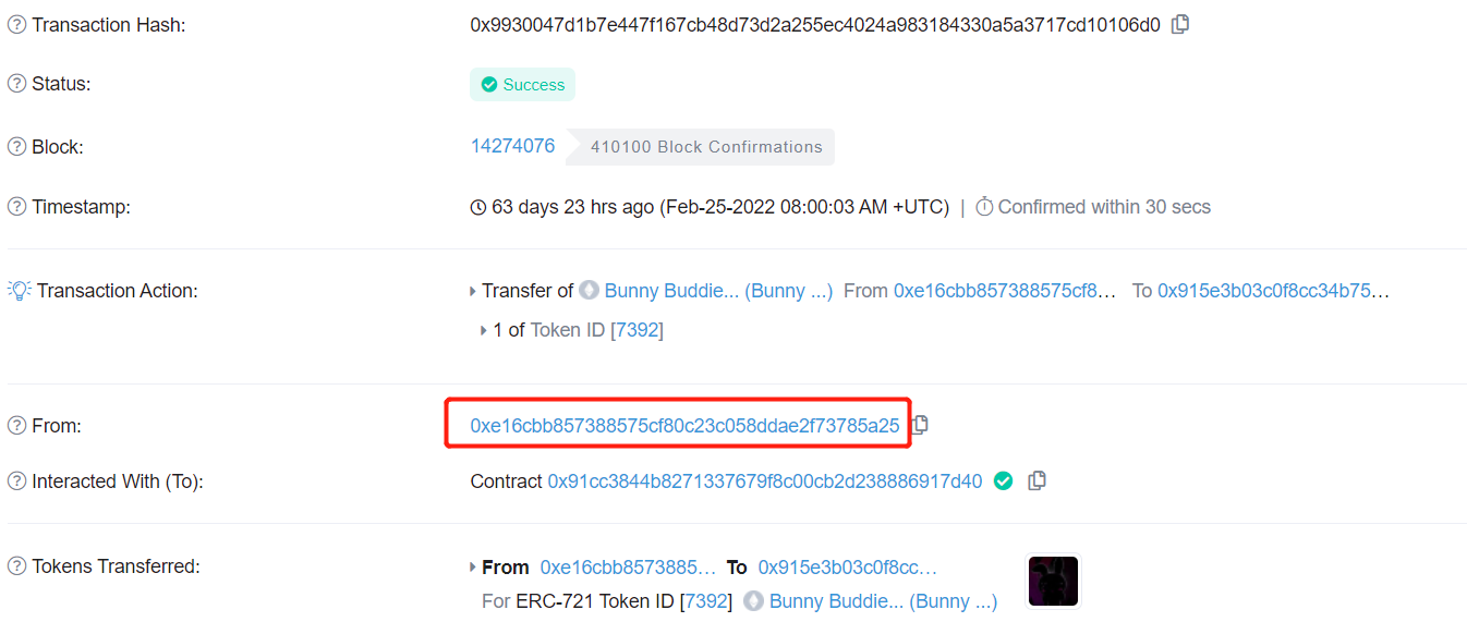 Transfer 1 Bunny to my address 0x915E3B03C0f8CC34b75A9a4115a4D9bf1705DB98