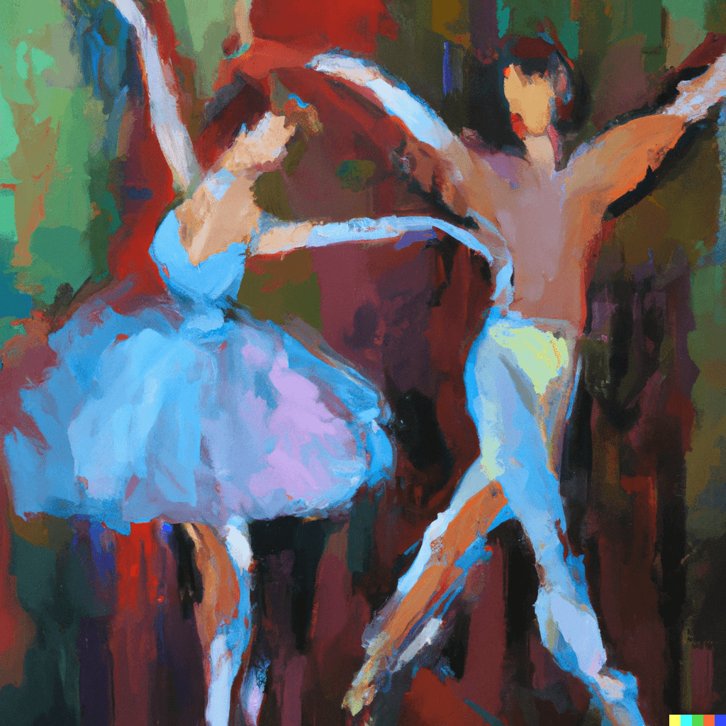 This image was created with DALL-E AI, using the following prompt: Impressionist painting of a male and female ballet dancer.