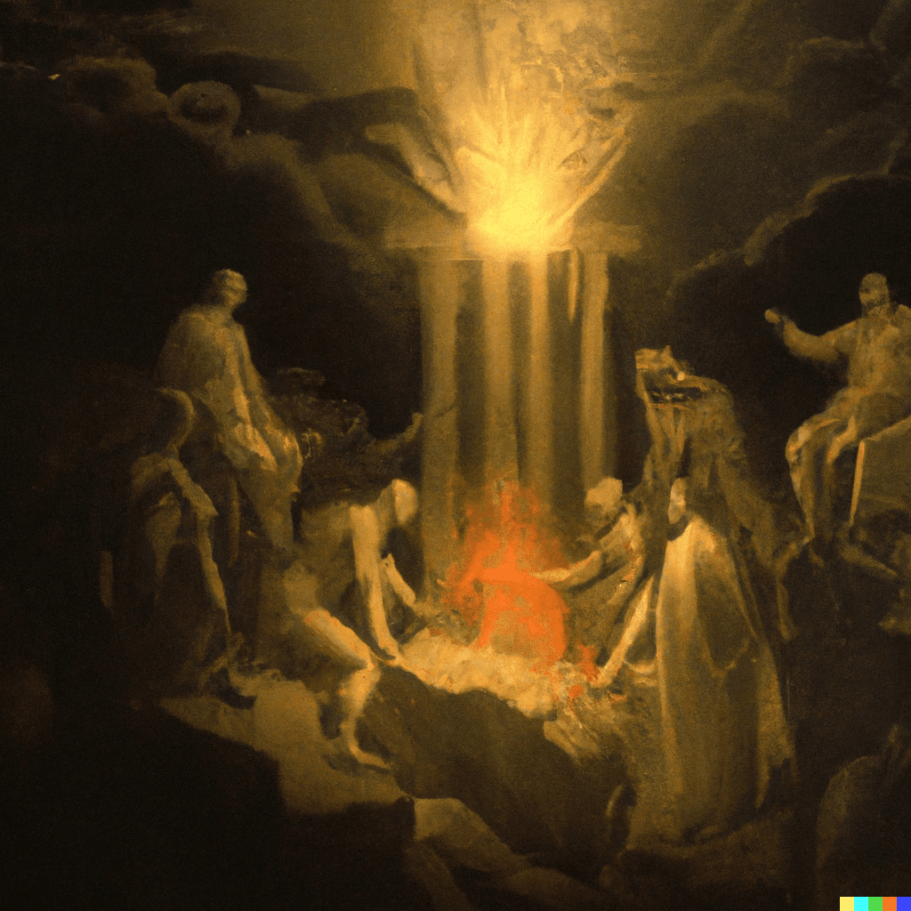 This image was created by Dall-E AI, using the following prompt, which was refined by Chat GPT: Compose a Renaissance-style painting that beautifully depicts Dante, as guided by Virgil, journeying deeper into the layers of the Underworld. Draw upon the vivid imagery and grandeur characteristic of the period, capturing the divine drama and ethereal mystery as Dante and Virgil approach the inner circle, showcasing a contrast between the foreboding infernal landscape and the enlightened figures.