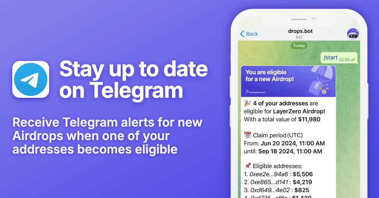 You will receive alerts on eligibility from the Telegram bot, ensuring you never miss an opportunity for a new airdrop.