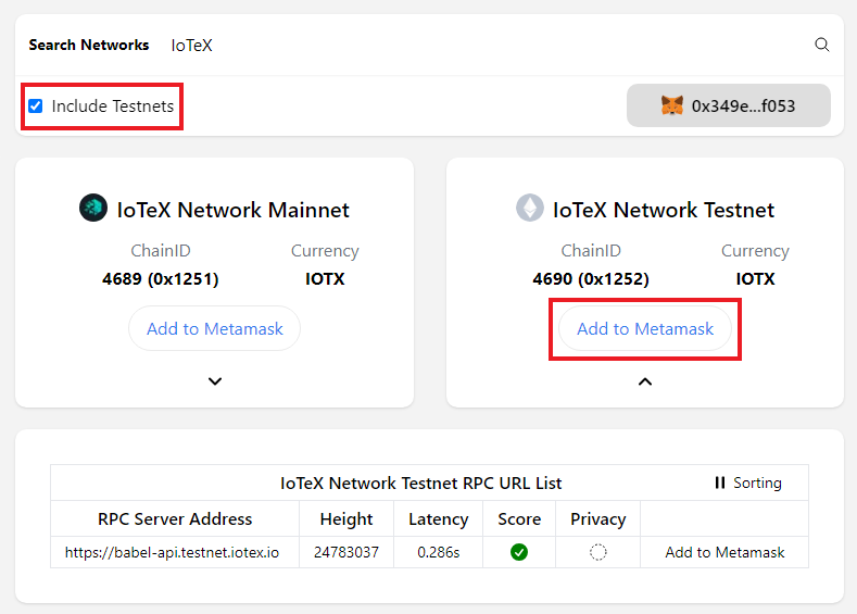 Add IOTX testnet network to Metamask