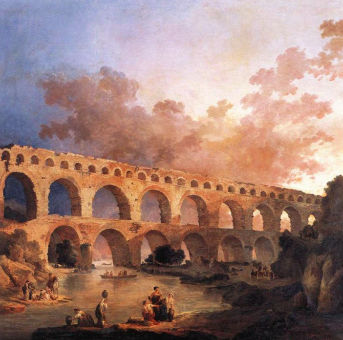 加尔桥的罗马渡槽，现已被联合国教科文组织确认为世界文化遗产。休伯特-罗伯特的画作，1787年。