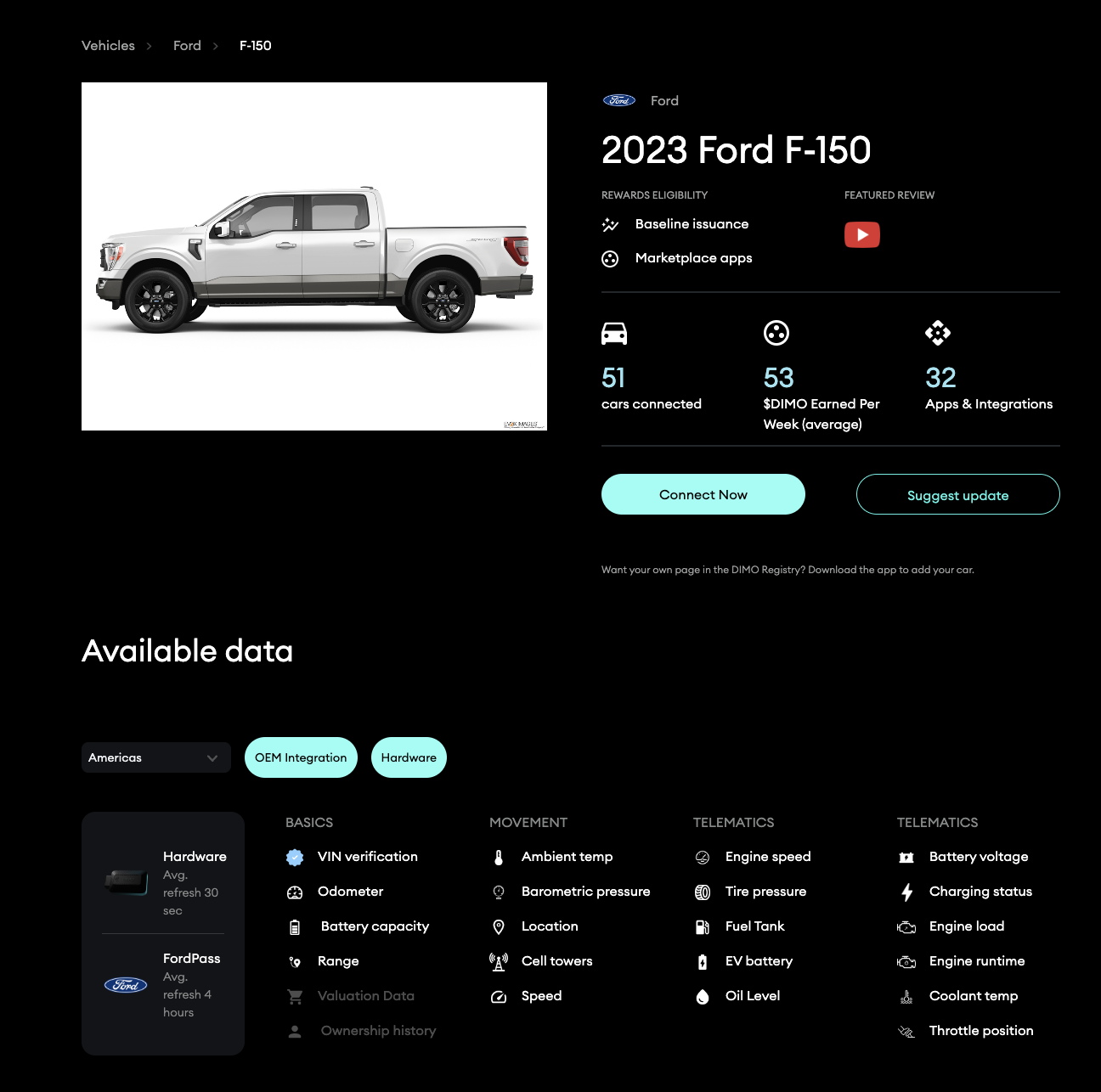 Example of DIMO's vehicle information page