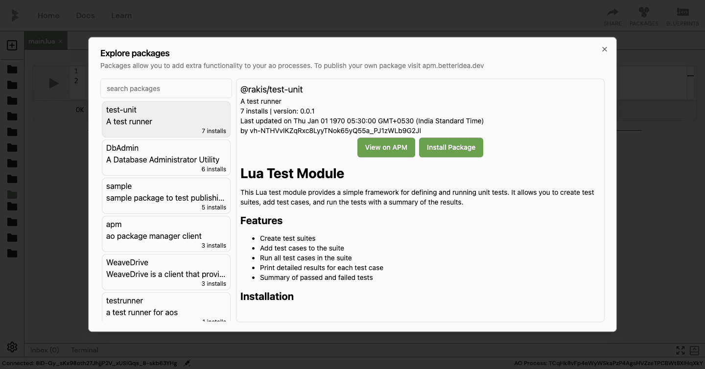 IDE ui to manage packages