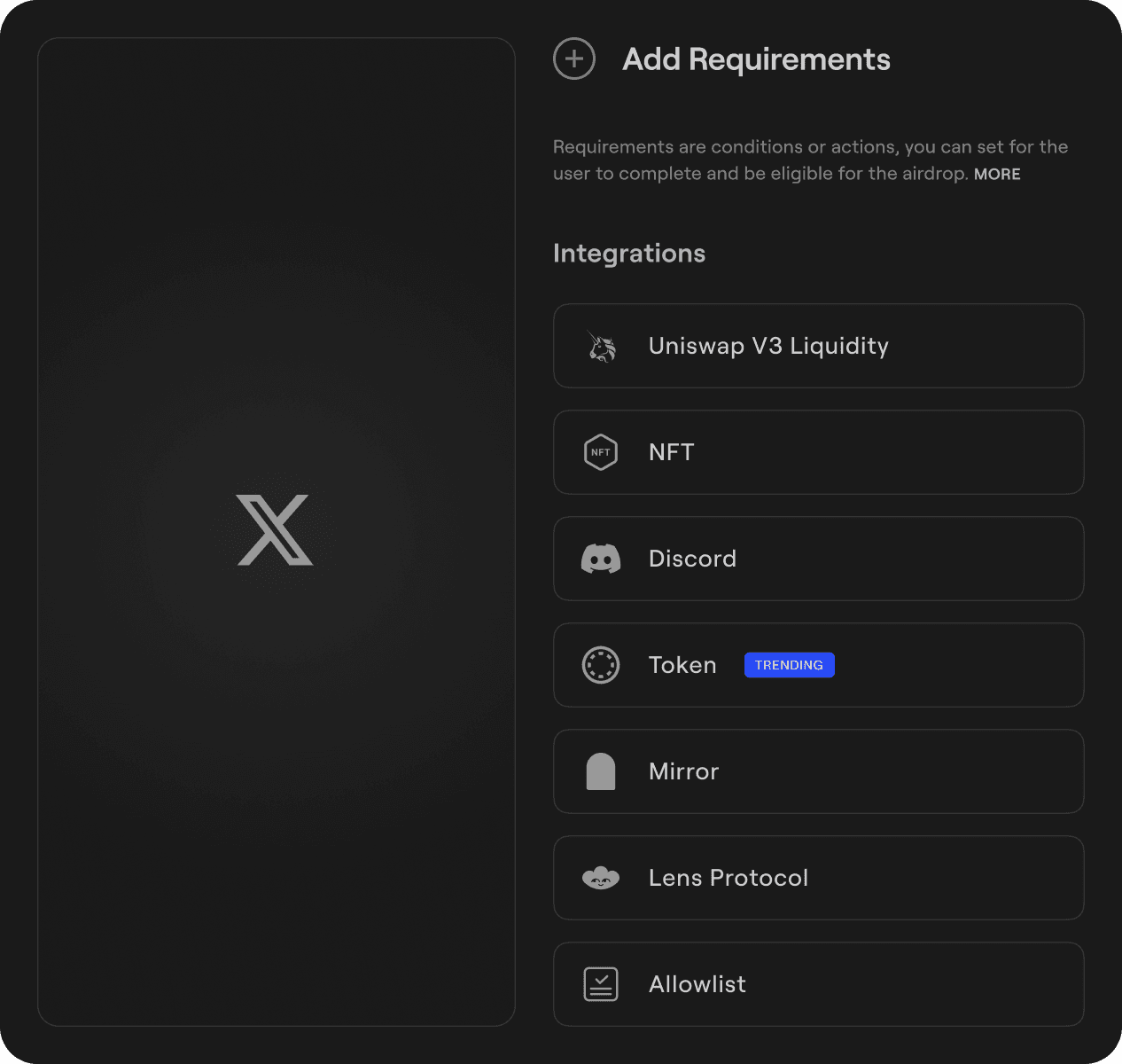 Select Requirements Panel