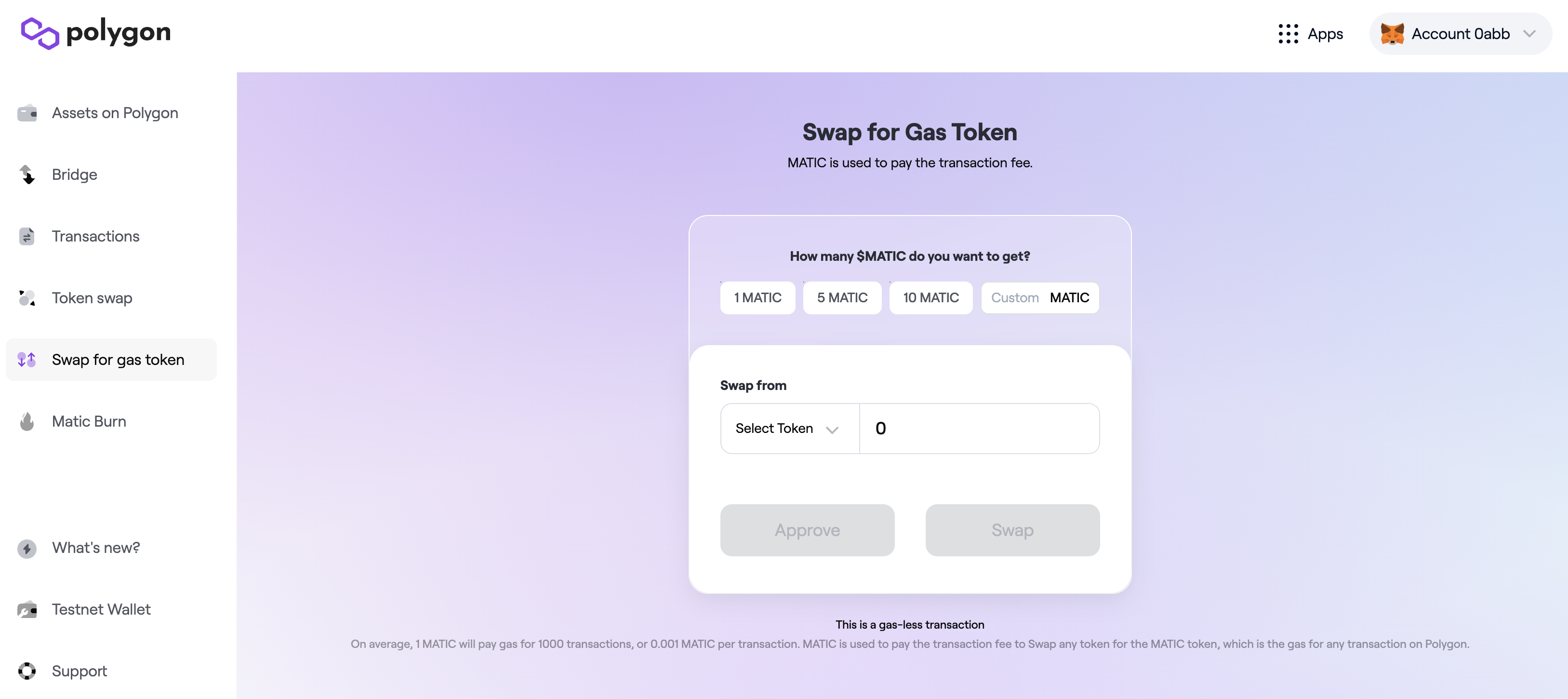 Swap for gas token (MATIC token)