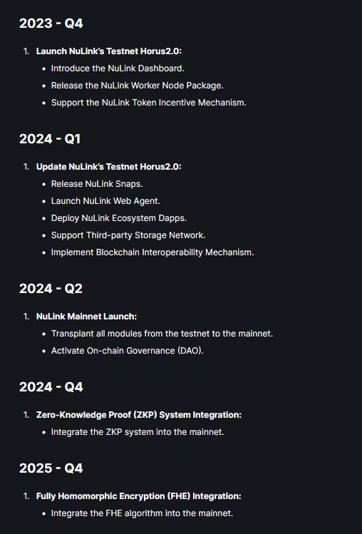 Full roadmap, you can check it in NuLink's docs