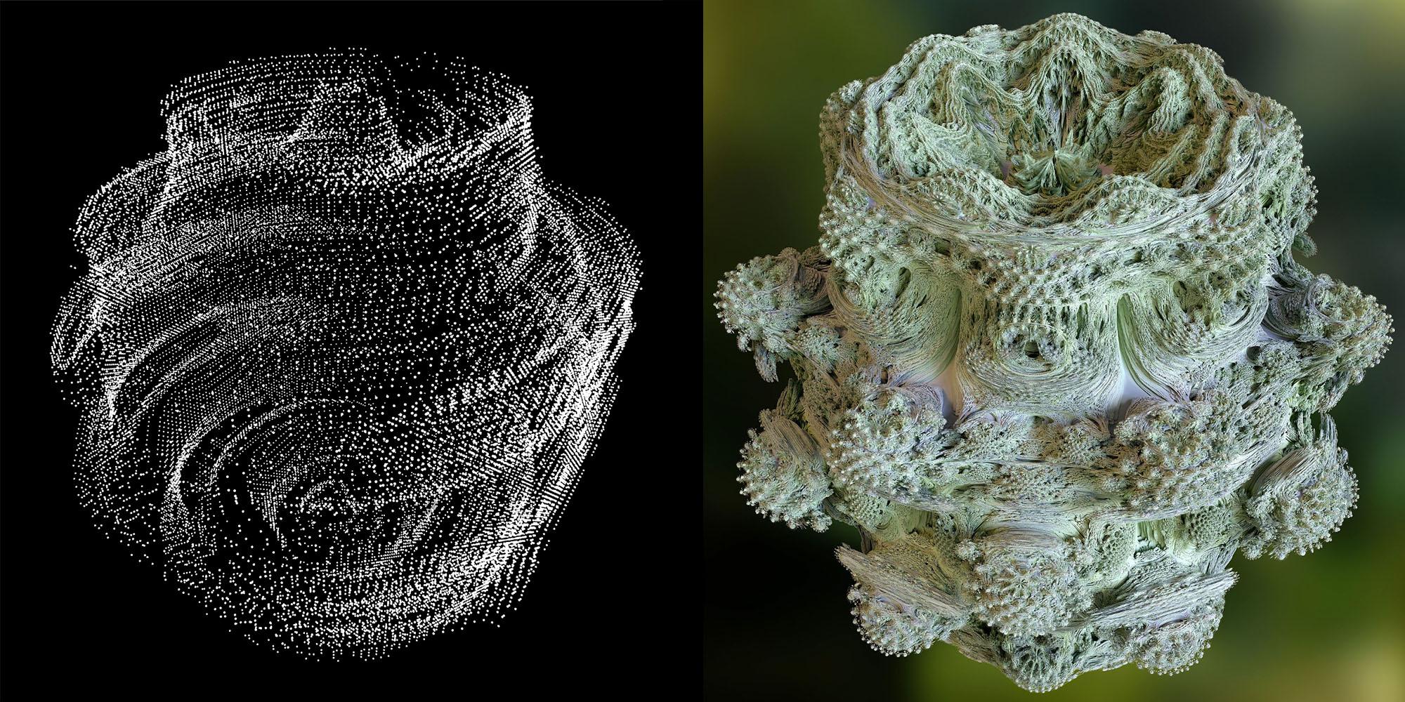 left: p5.js point cloud Mandelbulb by me | right: ray traced Mandelbulb by Ondřej Karlík 