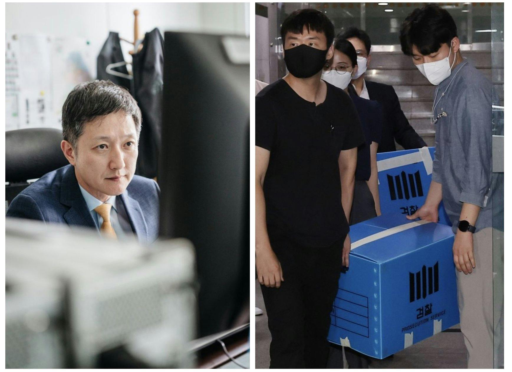 （左图）首尔南部地方检察官办公室 Dan Sung-han；（右图）调查人员带走 2022 年 7 月来自一家加密货币交易所的证据。来源：华尔街日报
