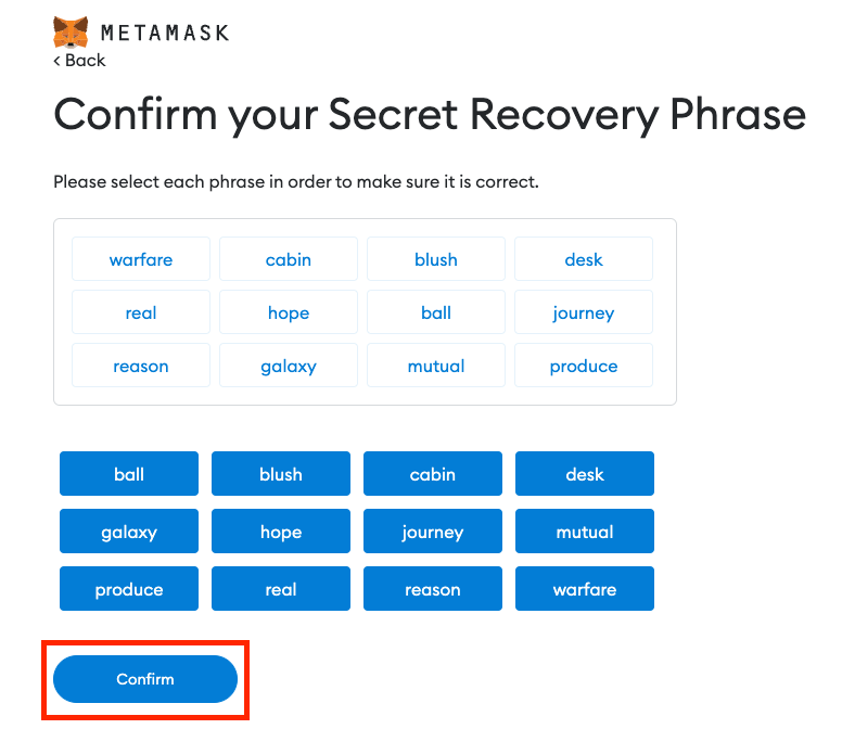 Confirm Secret Recovery Phrase