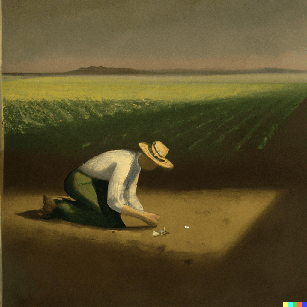 This image was created with DALL-E AI, using the following prompt: "A farmer planting seeds in a field," by Edward Hopper