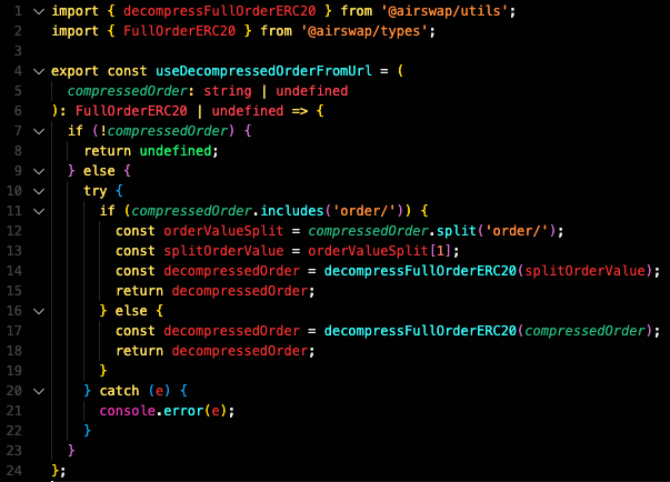 Code snippet of useDecompressedOrderFromUrl hook