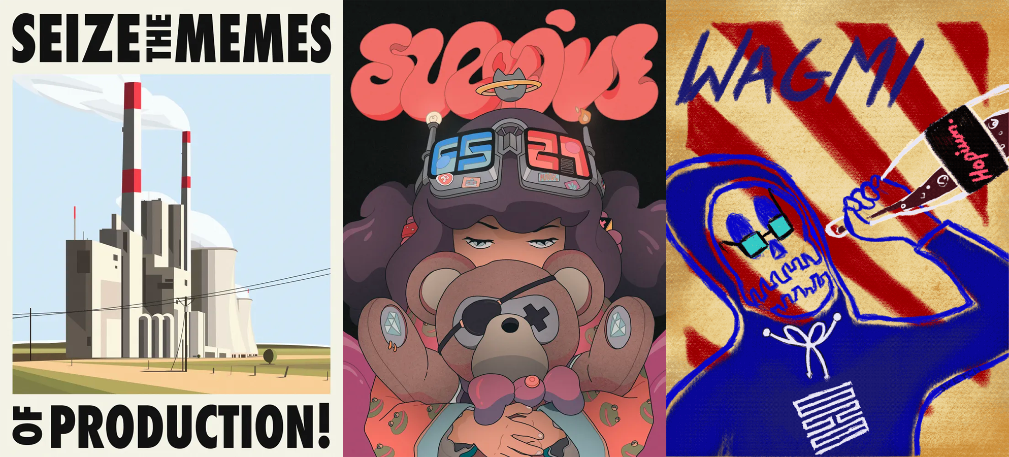 MEME FACTORY by Grant Riven Yun, Bear Survival Tactics by DirtyRobot, and rekt6529 by OSF (from left to right)