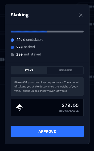 Staking Modal - this is where users can approve, stake and unstake AST tokens