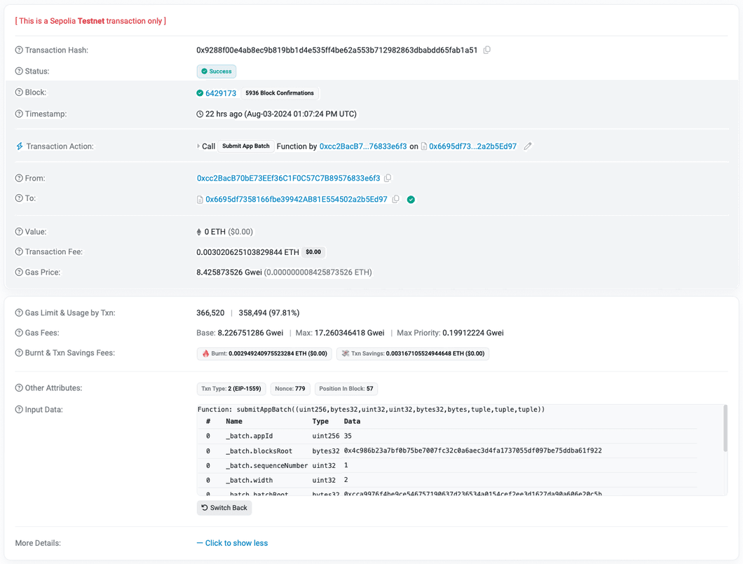 Etherscan page showcasing the micro-rollup’s batch submission tx on Sepolia testnet