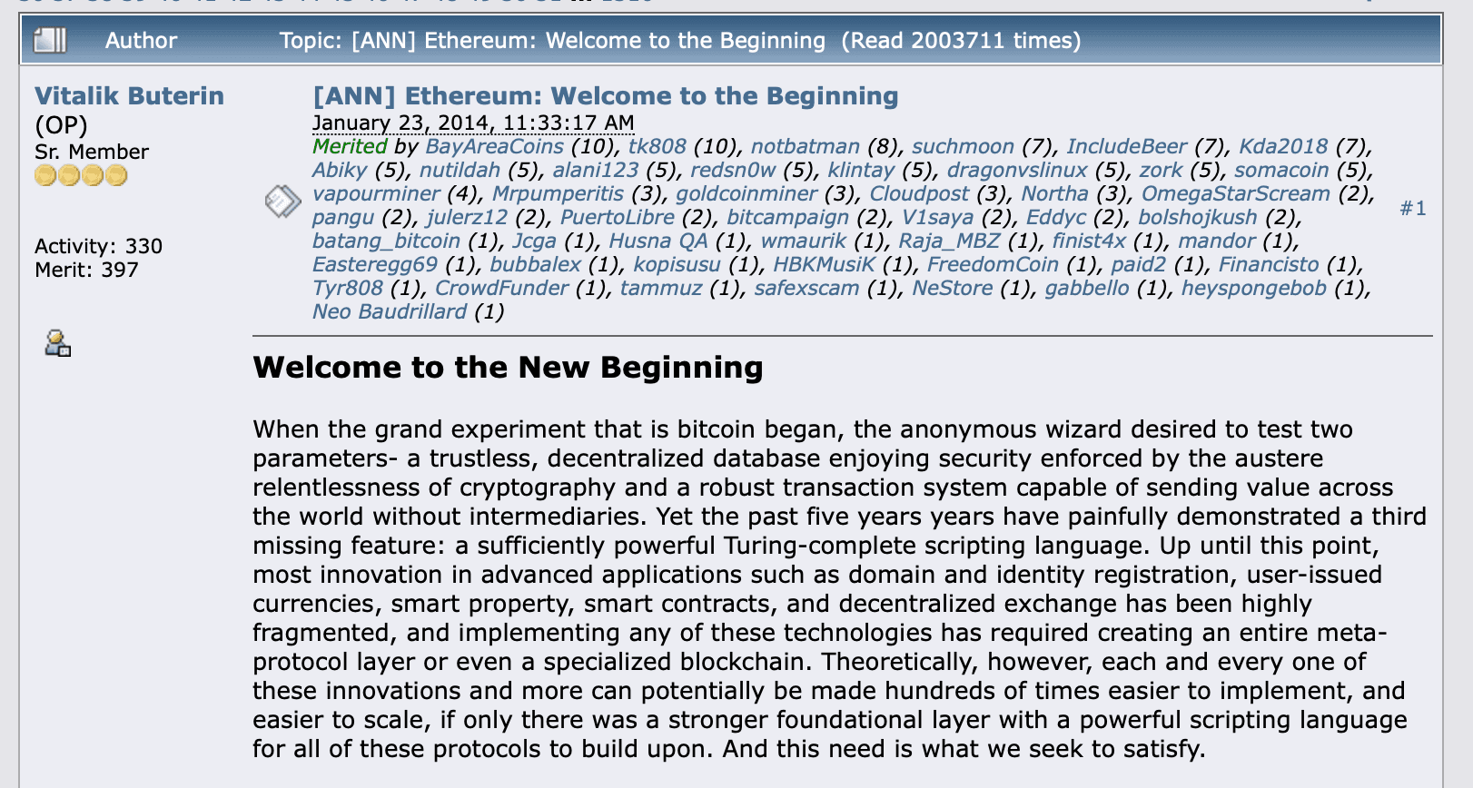 Vitalik’s post on the Bitcoin Forum circa 2013.