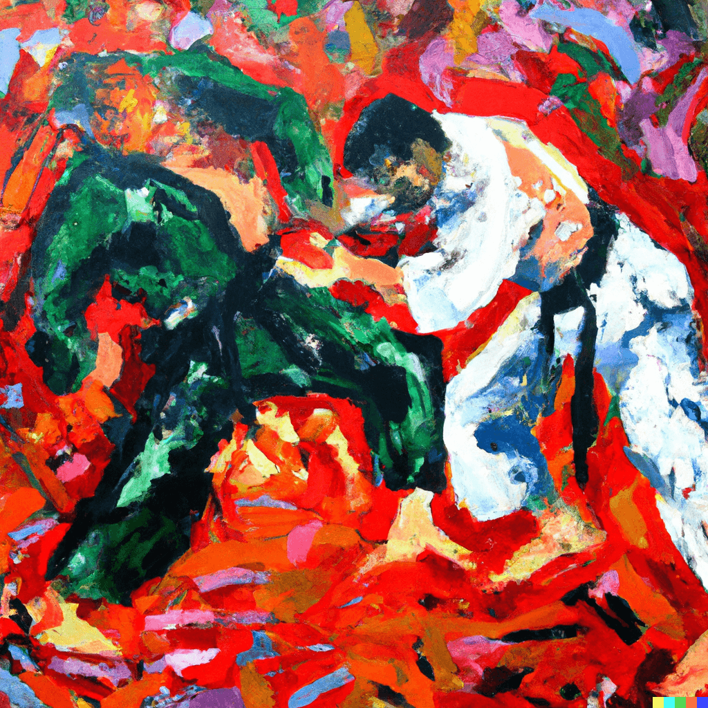 This image was created by Dall-E AI, using the following prompt, which was refined by Chat GPT: Neo-expressionist style painting of two Brazilian Jiu-Jitsu competitors locked in a struggle, one on the verge of executing a pivotal move. Their forms are dynamic, muscles tense, conveying the high stakes of the match. The scene is awash in sharp, contrasting colors - symbolizing the intensity of their duel. One competitor is characterized by a determined, resolute expression.