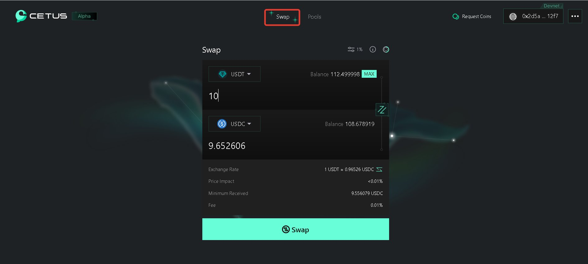 Next, in the "Swap" tab, indicate the tokens that you want to swap and their quantity. Press "Swap".