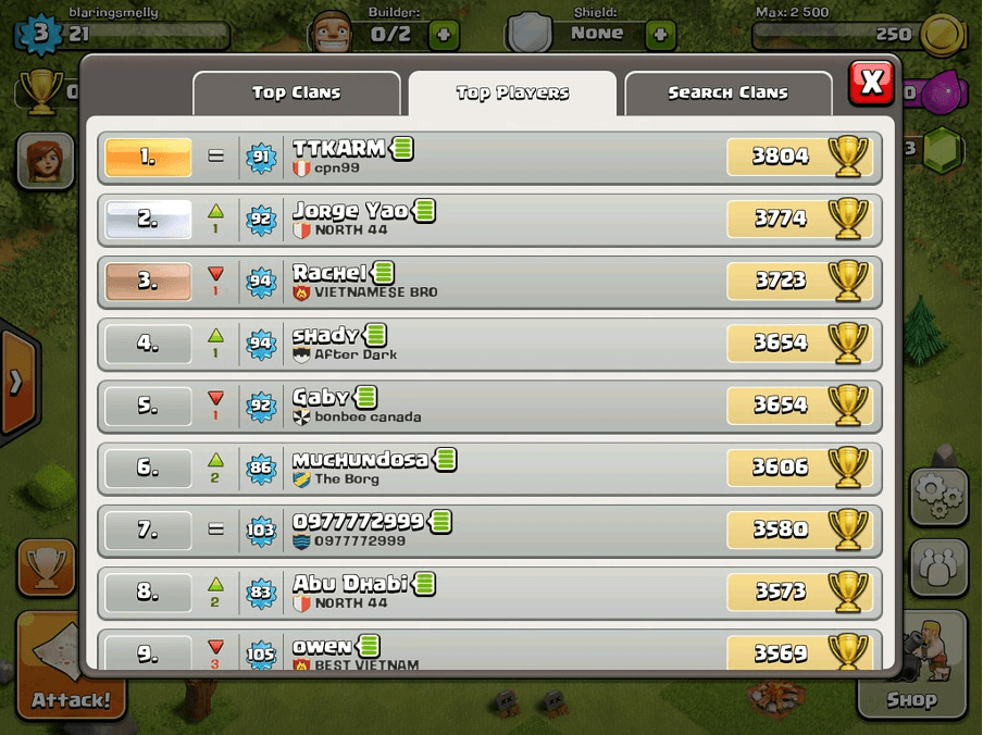 The leaderboard in Clash of Clans