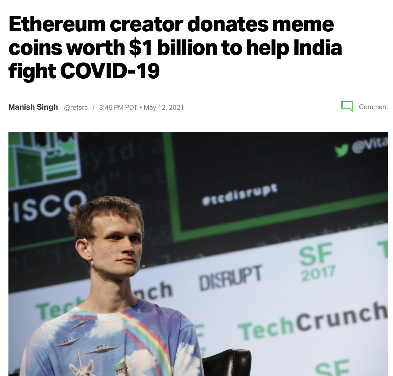 Tech Crunch 对此事的报道，2021 年。/以太坊创始人捐赠价值 10 亿美金 Meme 币，以帮助印度抗击新冠肺炎。