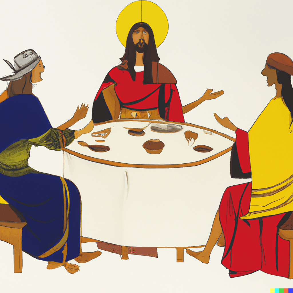 This image was created with DALL-E AI, using the following prompt: Painting of a King, a Lunatic, and a Lover at a table, deep in conversation.