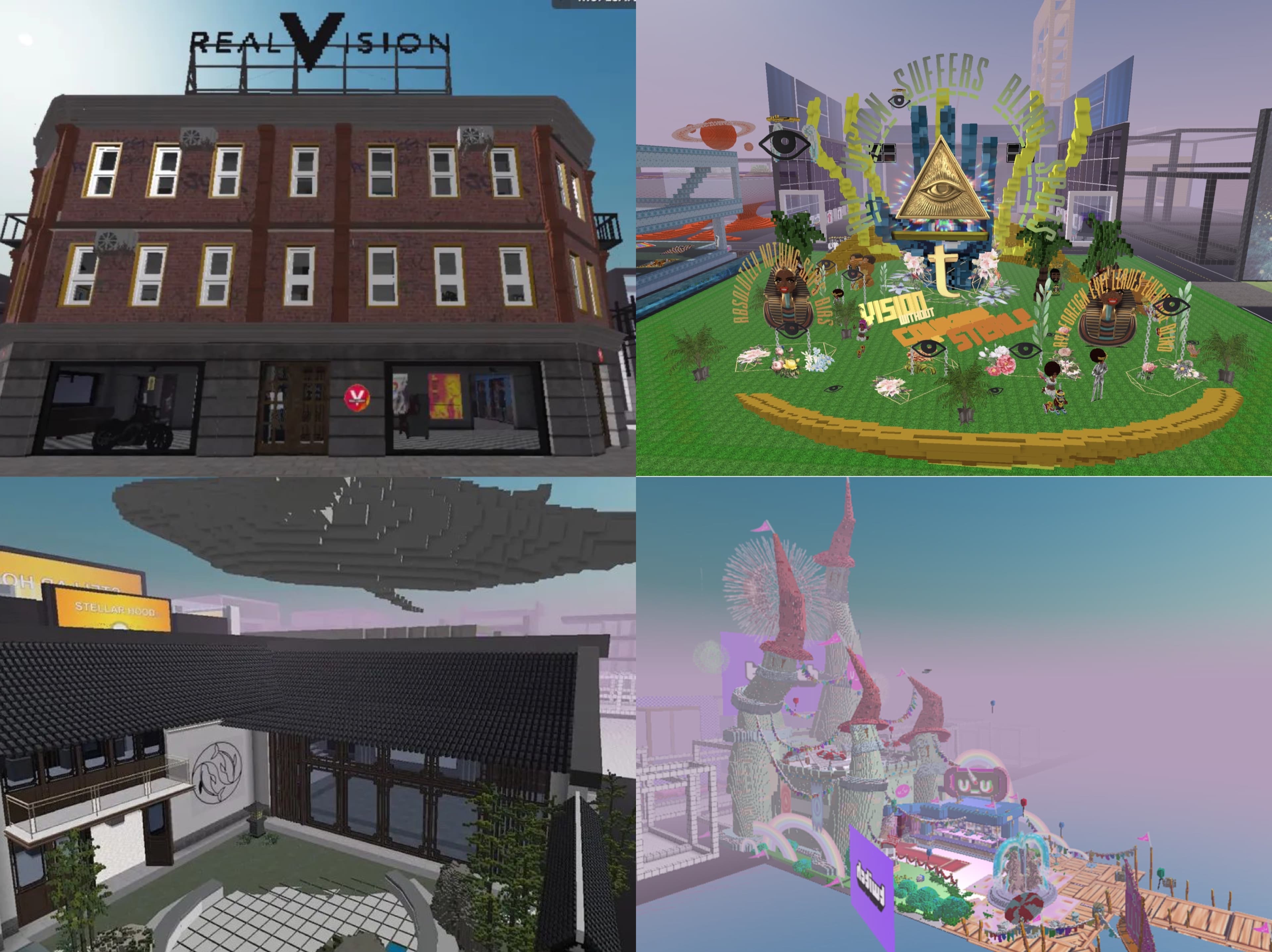 Several creative buildings in Crypto Voxels (Source: Crypto Voxels)