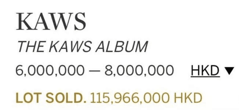 <THE KAWS ALBUM> by KAWS has sold for HK $116 million at Sotheby's Spring 2019 in Hong Kong.