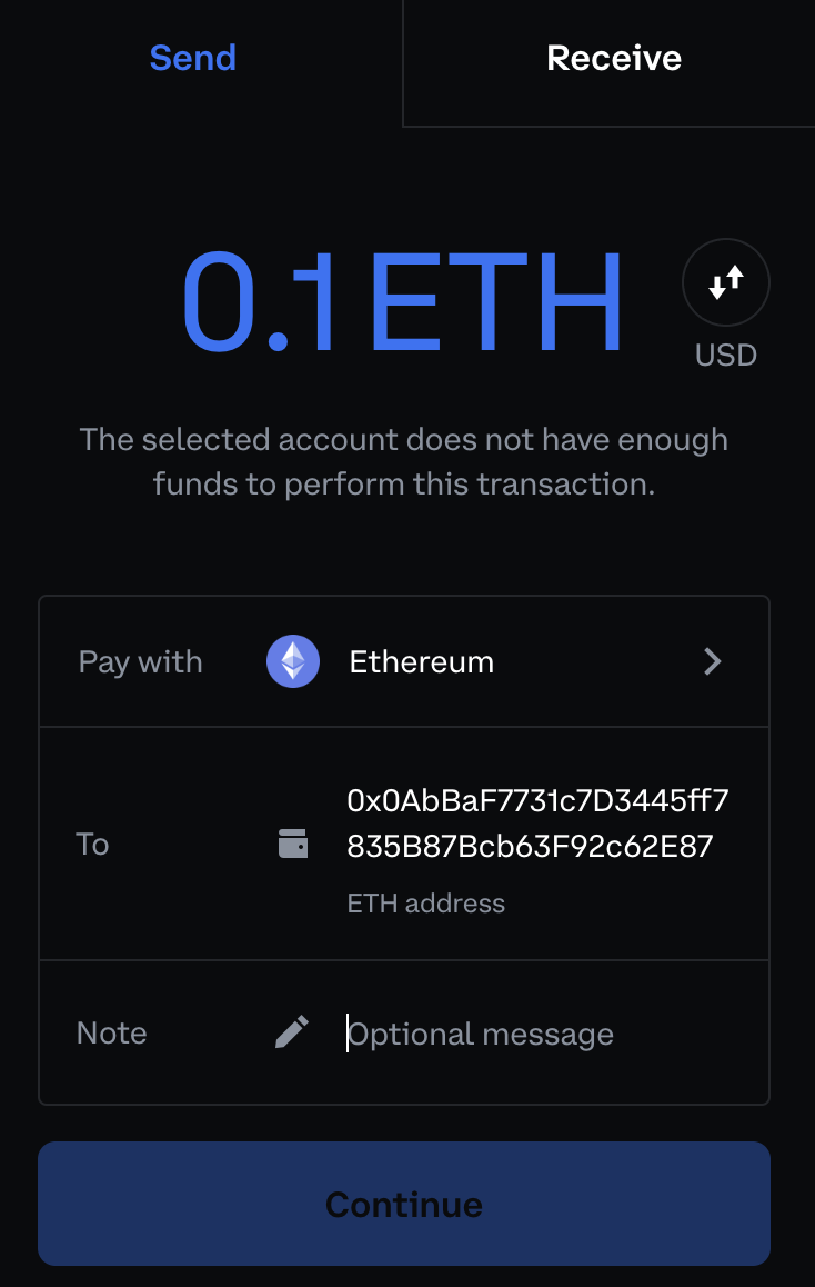 Send 0.1 ETH to your new MetaMask wallet