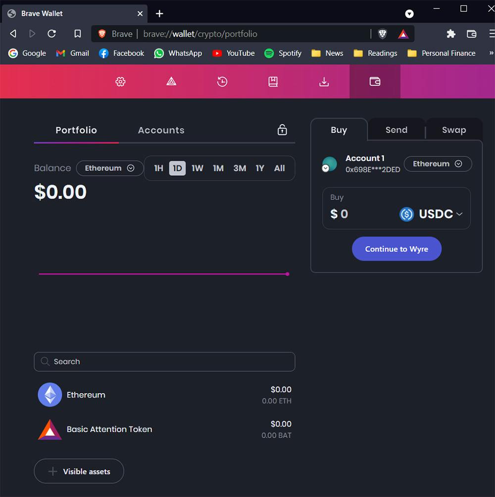 Screenshot of the user interface of the Brave Wallet, a crypto wallet built directly into the Brave browser.