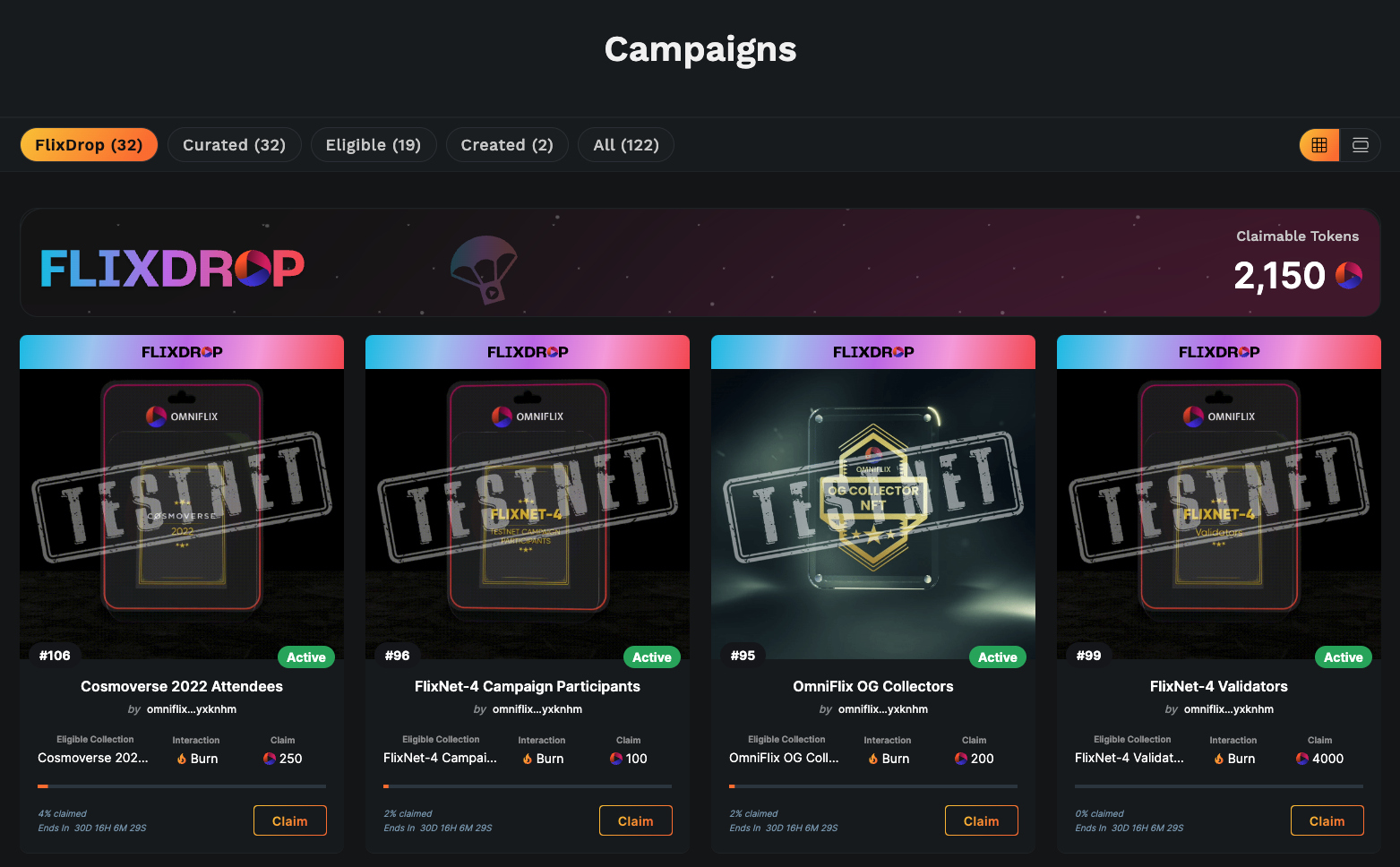 FlixDrop Campaign dashboard on f4.OmniFlix.Market (testnet)