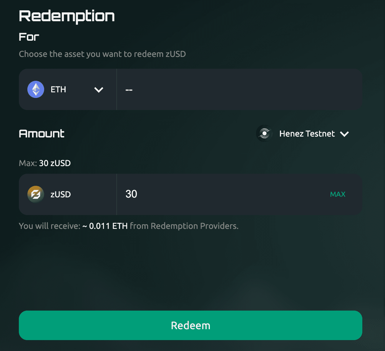 When you enter the amount of ZUSD you want to exchange, the system will automatically calculate the assets you will receive.