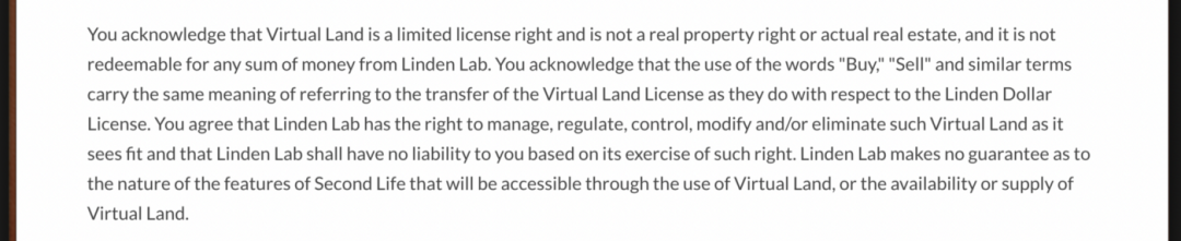 来自 Linden Lab 的用户协议的剪报，清楚地表明即使你为它付费并开发它，你也没有所有权。这是基于 NFT 的所有权渴望改善的现状