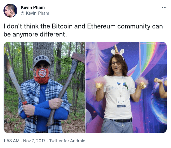 Un antiguo tweet de Kevin Pham que compara la cultura Bitcoin y Ethereum, tal como eran en 2017. Ambas culturas continúan evolucionando: desde 2017 hemos visto el ascenso y la caída del movimiento del "laser eye" (y el ascenso simultáneo de movimientos como los Ordinals), hemos visto a Ethereum centrarse en Layer 2, y hemos visto que ambos se vuelven mucho más comunes. Pero los dos siguen siendo diferentes, y probablemente sea mejor que siga siéndolo.