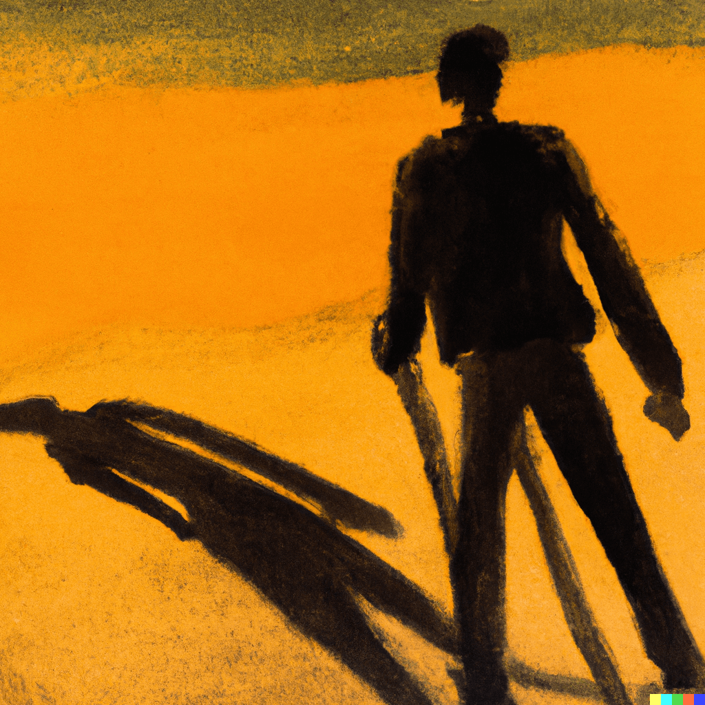 This image was created with DALL-E AI, using the following prompt: Painting: A man stands in the morning sun. He casts a long, dark shadow.