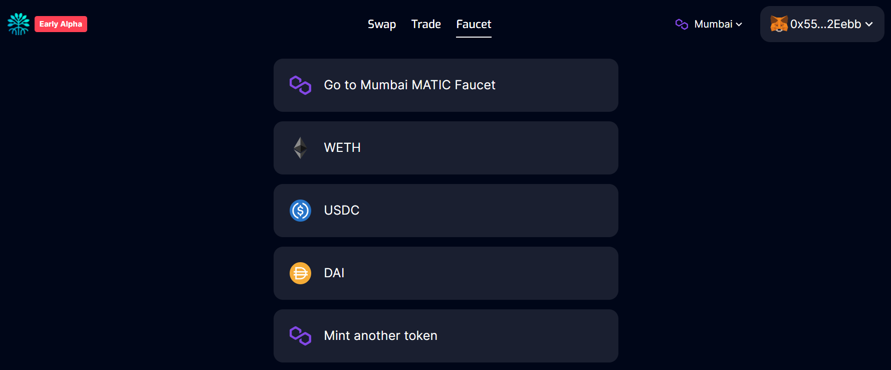We go to the side and connect the wallet. In the "Faucet" tab, we get all the test tokens.