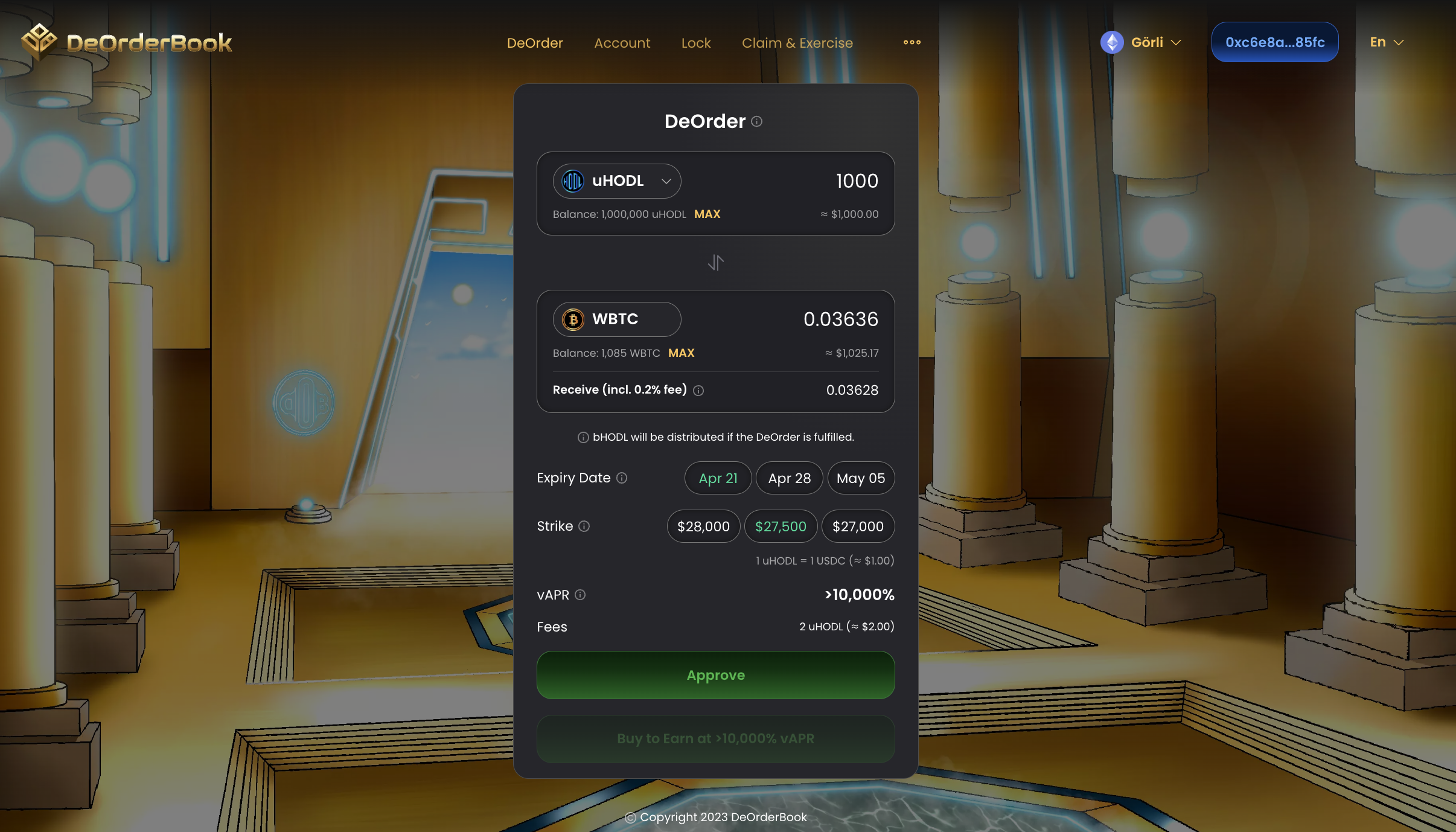 Placing a DeOrder requires users to mint HODL tokens from supported cryptocurrencies to use as collateral; before selecting a strike price and expiry date for their limit order.