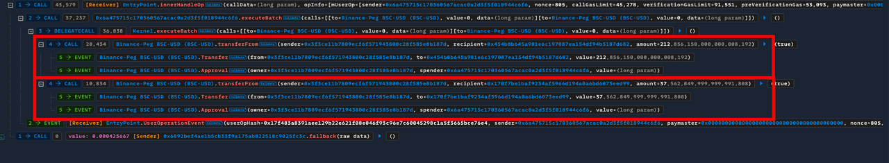 Two operations of TransferFrom for BSC-USD Token where Approval and Transfer are inside