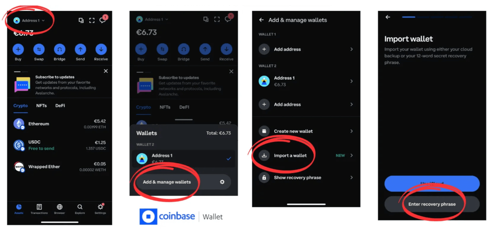 Importing the wallet & Recovering the assets on Coinbase wallet using the secret phrase