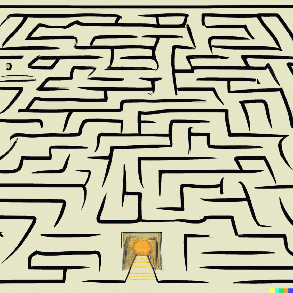 This image was created with DALL-E AI, using the following prompt: Abstract drawing of a labyrinth. At the center is a mountain of gold.