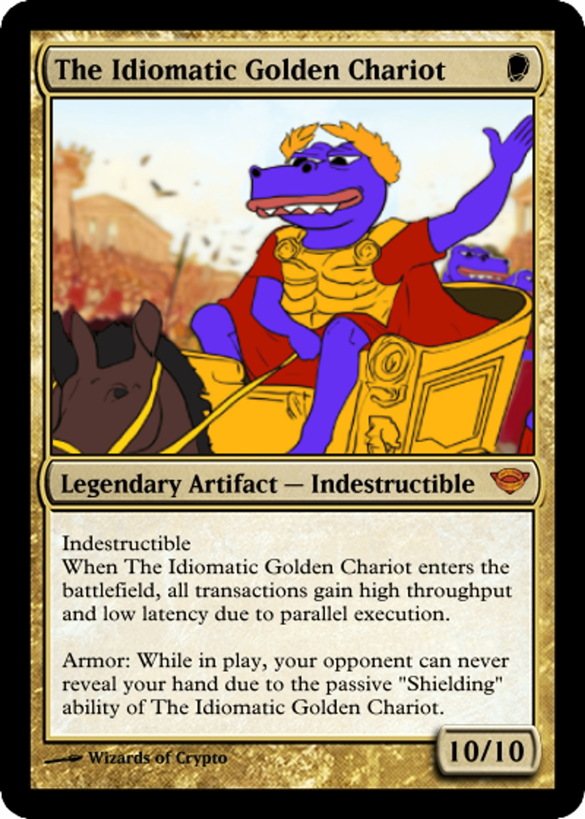 The Idiomatic Golden Chariot: Symbolizing Deeno’s indestructible spirit and his journey through time, this artifact grants unparalleled speed and security to all transactions on the network.