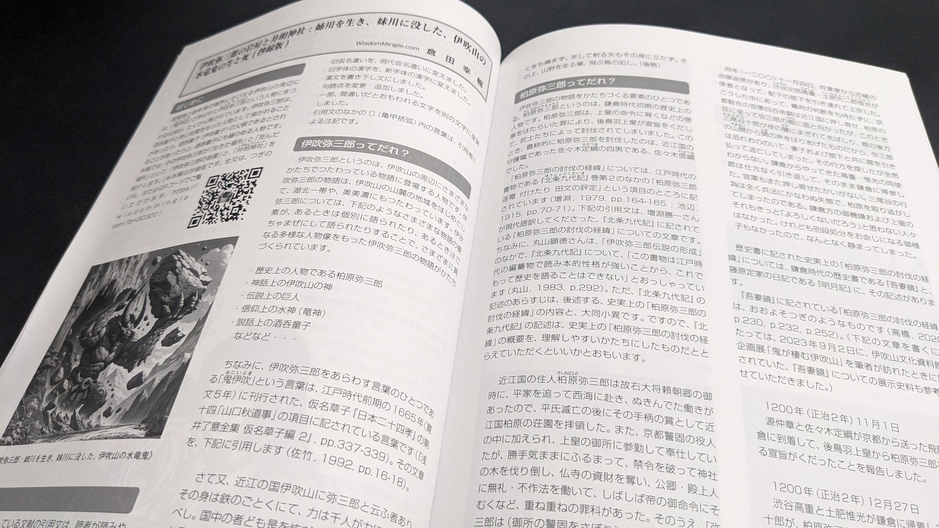 投稿記事「伊吹弥三郎の岩屋と井明神社 : 姉川を生き、妹川に没した、伊吹山の水竜鬼の生と死（抄録板）」（世界鬼学会の会報誌）