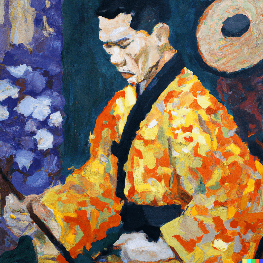 This image was created with DALL-E, using the following prompt: Create an abstract painting that depicts a painter immersed in the process of capturing the portrait of a martial artist with cauliflower ears, dressed in a gi. Use a harmonious fusion of colors, shapes, and textures to convey the intensity and focus shared between the artist and the martial artist. This prompt was refined with ChatGPT.