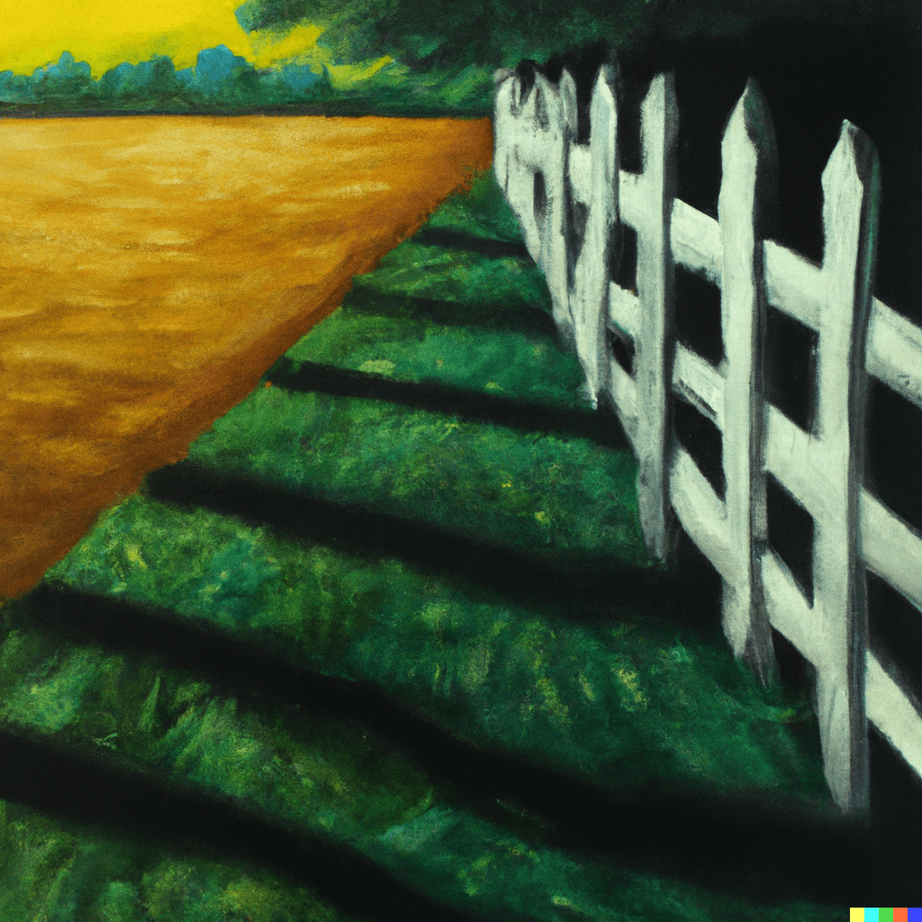 This image was created with DALL-E AI, using the following prompt: Oil painting of a fence that divides a land in light from a land in shadow.