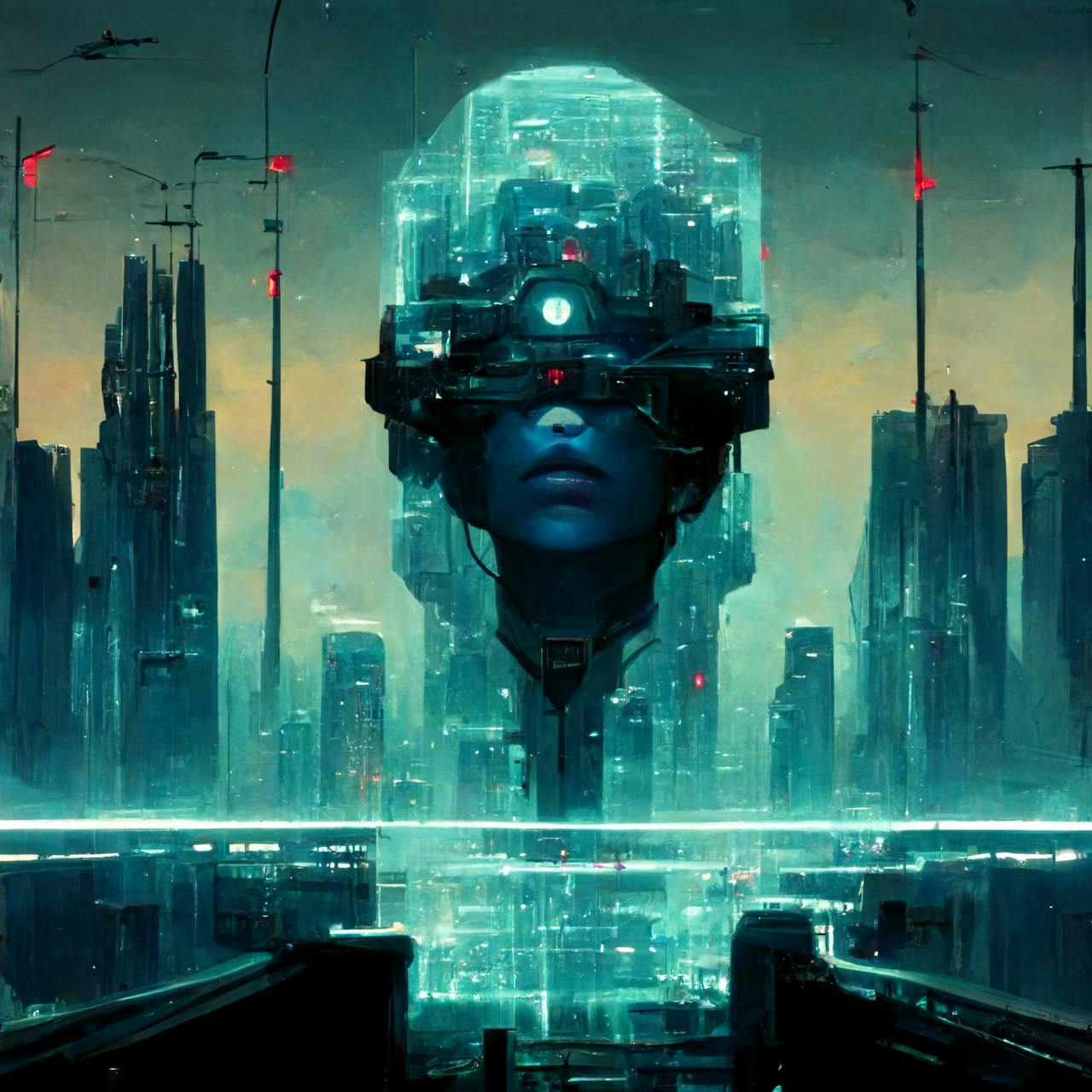 "the idea of a decentralized autonomous organization is an entity that lives on the internet and exists autonomously ghost in the shell blade runner dark evolutionary adaptive architecture" by Midjourney.