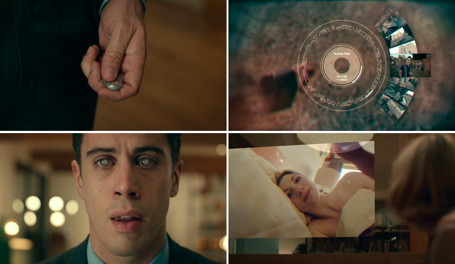 Black Mirror on Netflix, Z-eyes remote controller (top left), choosing a recording (top right), how your eyes look like when activated (bottom left), what you see (bottom right)