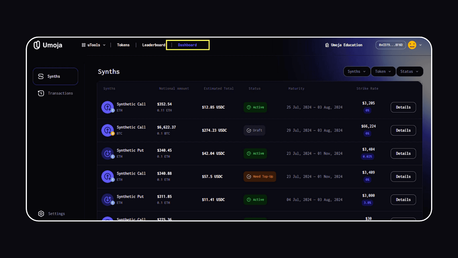 Dashboard on Umoja Protocol