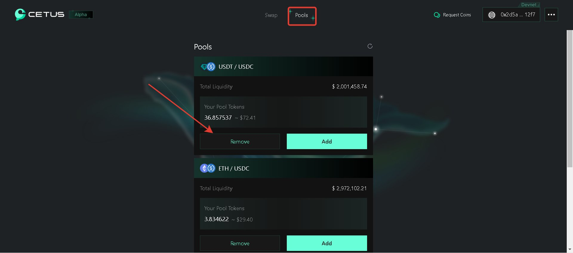 Return to the "Pool" tab and withdraw liquidity with the "Remove" button.